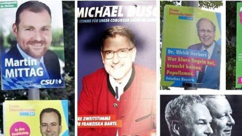 Unübersehbar: Wahlplakate grüßen in Coburg seit dem Wochenende von vielen Laternenmasten oder als großformatige Aufsteller an Verkehrskreiseln. Sechs Wochen vor dem Wahltag ist das Aufhängen von Plakaten gestatten.Fotos: Jochen Berger