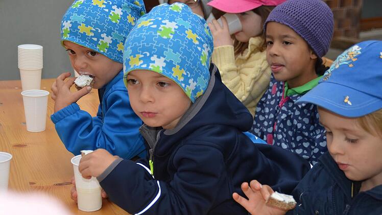 Aus heimischer Milch werden viele Lebensmittel hergestellt. Welche genau, das erfuhren die Jungen und Mädchen des Aschacher Kindergarten erst kürzlich bei einem Besuch auf dem Hof von Landwirt Norbert Götz. Hier lassen sich Hannes, Simon und ihre Freunde Milch in Bechern sowie Vollkornbrote mit Frischkäse schmecken. Foto: Kathrin Kupka-Hahn
