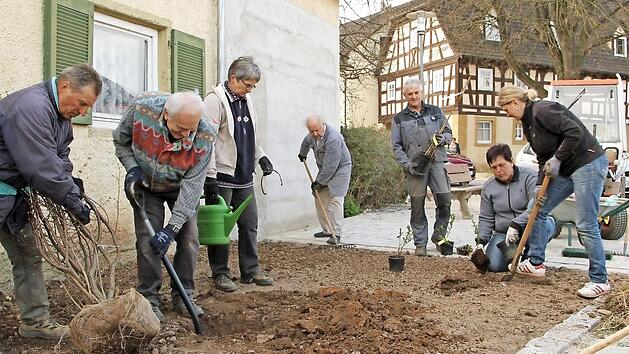 In der Dorfmitte griffen die Mitglieder k&uuml;rzlich bei Pflanzarbeiten zu Spaten und Rechen.  Foto: Martina Drossel
