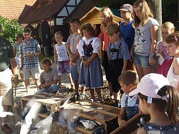 Hermann Wolf (hinten) hat Brieftauben  aufgelassen.  Fotos: Stefan Geiger