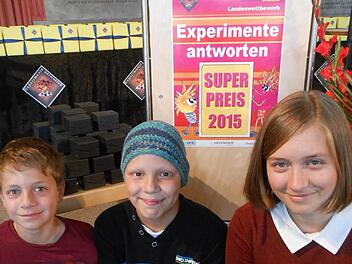 In gespannter Erwartung auf den "Superpreis": Philipp Bauer, Anton Brand und Barbara Kufer vom Hammelburger Frobenius-Gymnasium im Ehrensaal des Deutschen Museums in München.  Foto: Doris Bauer