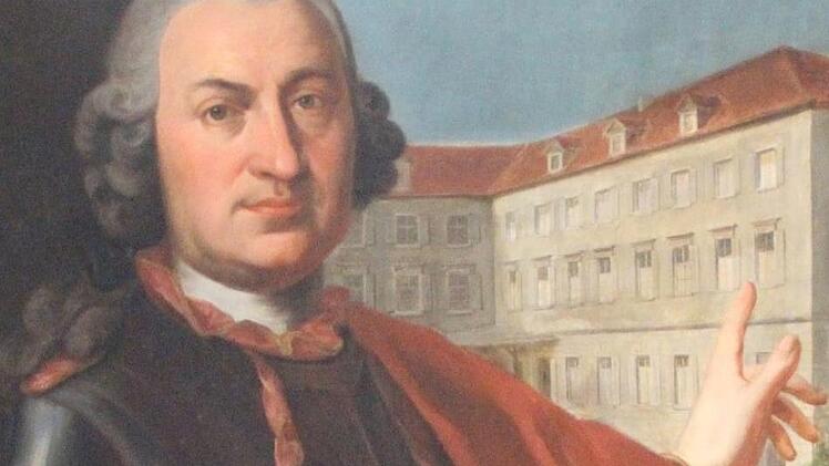 Auf einem Gemälde im Alten Rathaus deutet Baumeister Balthasar Neumann auf den Neumann-Flügel. Der wurde aber erst 75 Jahre nach seinem Tod errichtet. Benedikt Borst