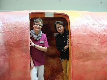 Ernährungsberaterin Sabine Lamprecht und Oberärztin Elisabeth Dewald posieren vor dem Eingang der begehbaren Arterie.  Fotos: Jana Röckelein
