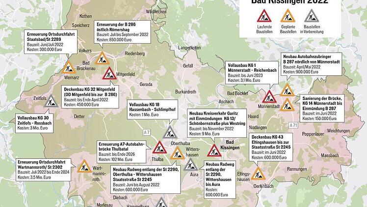 Die Grafik zeigt eine Übersicht über die Baustellen auf Kreis-, Staats- und Bundesstraßen im Landkreis Bad Kissingen.