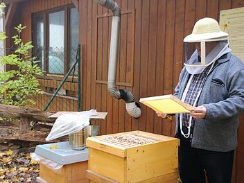 Dieter Schölzke sieht nach einem Bienenvolk. Alles im grünen Bereich. Bei schönem Wetter fliegen die Bienen sogar noch. Thomas Malz
