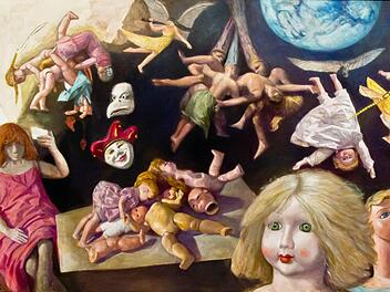 Gudrun Brüne: "Puppen, Masken, Lebensspiele" (Mischtechnik auf Hartfaserplatte, 2006). Foto: Jochen Berger