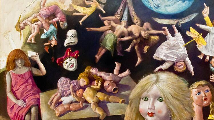 Gudrun Brüne: "Puppen, Masken, Lebensspiele" (Mischtechnik auf Hartfaserplatte, 2006). Foto: Jochen Berger