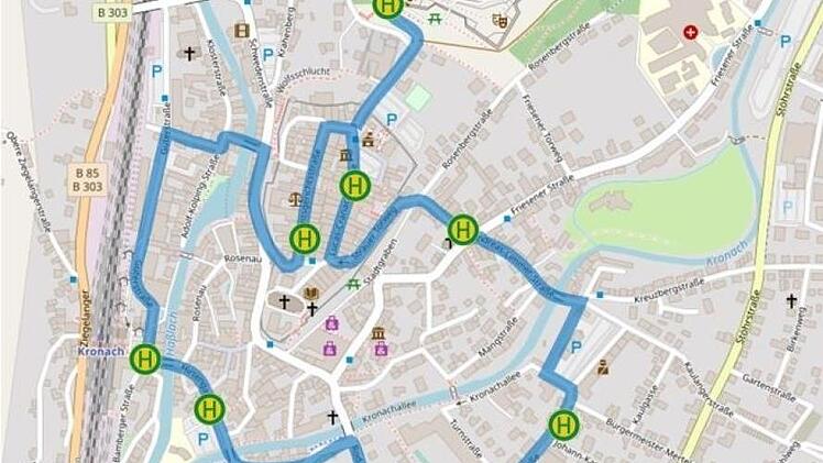 So sieht die Route samt Haltestellen aus. Foto: Landratsamt Kronach/openstreetmap