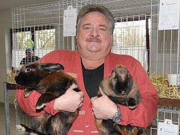 Georg Reinmann wurde mit seinen "Satin-Thüringern" Vereinsmeister und besitzt zudem die schönste Häsin (links). Foto: Roland Meister