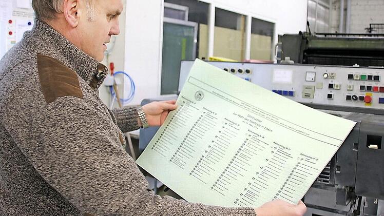 Erwin Hild kontrolliert den Bogen für die Eberner Stadtratswahl, darauf findet sich auch der Name seines WO- Geschäftsführerkollegen Elmar Merget. Foto: Ralf Kestel
