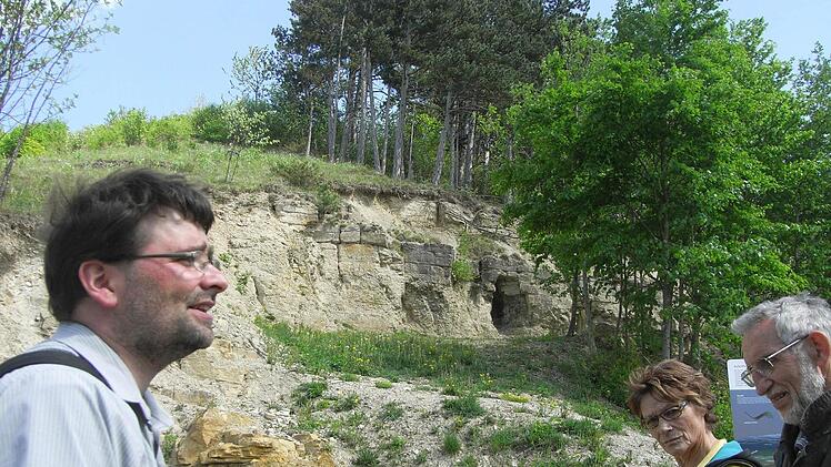 Geologe Dr. Raimund Rödel erläutert an den Aufschlüssen am Haarberg die Schichten der Trias Foto: Joachim Rübel