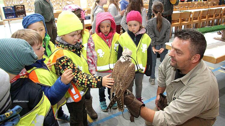 Auch die Kindergartenkinder zeigten keine Scheu vor dem Jagdfalken. Foto: Richard Sänger