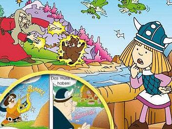 Wickie entdeckt eine Insel mit rosa Bäumen und einem Zauberer - ein Ausschnitt aus dem Buchcover. Foto: Klett-Verlag