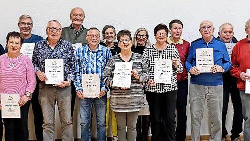 Ehrungen beim TV Bad Br&uuml;ckenau: (von links) Ingrid Heinz (60 Jahre), Ehrenmitglied Manfred Klauer, Marlene Zirkel (25), Dieter Schiffler (Verdienstnadel Gold), Reinhold Hahn (25), Rainer Betz (60), Dieter Jost (40), Charlotte Richter (15), Birgit...