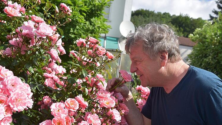 Martin Heymann ist begeistert von der Blütenpracht und dem Duft der Rosen im Garten der Bernreuthers. Foto: Gabi Arnold