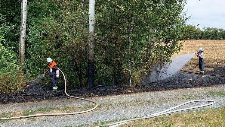 Die Einsatzkräfte haben sich  mit zahlreichen Einsatzfahrzeugen am Waldrand in Au positioniert.FW Kronach