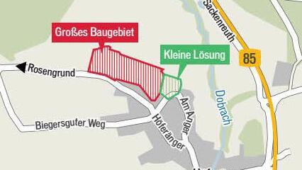 Vom geplanten großen Baugebiet soll nach den Vorstellungen des Investors nur eine kleine Teilfläche übrigbleiben. Grafik: Carolin Höfler