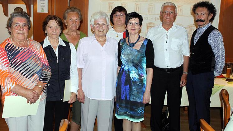 Eine ganze Reihe von passiven Mitgliedern stand zur Ehrung an. So wurden ausgezeichnet (v.l.) Ottilie Kübrich, Rita Wachter, Frieda Wunder (alle 65 Jahre), die bisherige Vorsitzende Eva-Maria Wachter, die neue Vorsitzende Irene Kuhnlein, Ilona Ruf (25 Jahre), der Vorsitzende der Fränkischen Sängergruppe Bernhard Zipfel und der langjährige stellvertretende Vorsitzende Klaus Pötzinger. Foto: Michael Wunder
