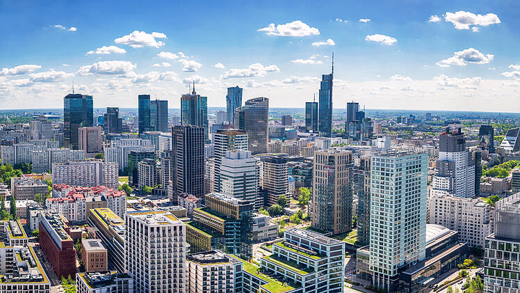 Panoramic. view of modern skyscrapers and business centers in Warsaw. View of the city center from above. Warsaw, Poland.