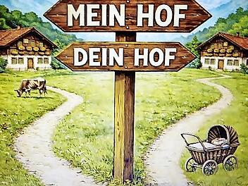 L&auml;ndliche Idylle samt einem Totenkopf pr&auml;gt das Plakat, mit dem die Theatergruppe des Radfahrvereins Concordia f&uuml;r die Bauernkom&ouml;die &bdquo;Mein Hof und dein Hof&ldquo; wirbt. Premiere ist am Samstag, 28. M&auml;rz, um 19.30 in der Grundschulturnhalle.