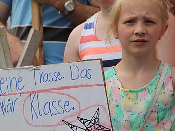 Meike aus Römershag protestiert gegen die Stromtrasse Südlink mit einem selbst gemalten Plakat. Foto: Ulrike Müller/Archiv