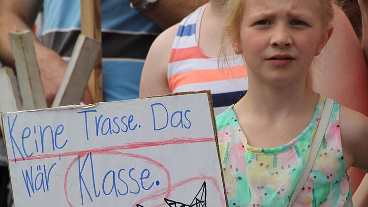 Meike aus Römershag protestiert gegen die Stromtrasse Südlink mit einem selbst gemalten Plakat. Foto: Ulrike Müller/Archiv