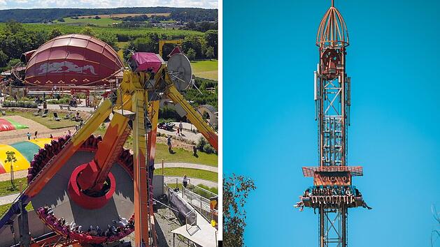 Frisbee und Volcano im Freizeit-Land Geiselwind &ndash; Pendel-Attraktion und Free-Fall-Turm