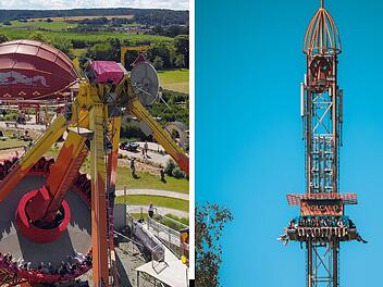Frisbee und Volcano im Freizeit-Land Geiselwind &ndash; Pendel-Attraktion und Free-Fall-Turm