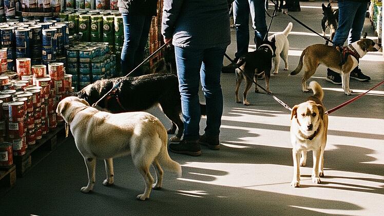 In einem Tierheim stehen zahlreiche Dosen mit Hundefutter. Auf dem Bild sind ein paar Menschen mit verschiedenen Hunden zu sehen.