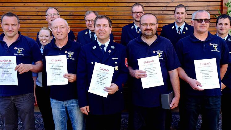 Ehrungen für die 25-jährige Mitgliedschaft (vorn v. l.): Thomas Merz, Erwin Schaub, Martin Hauk, Volker Sitzmann und Michael Reith; (hinten v. l.): Ehrendame Julia Reuter, Benno Zellhan, Benno Metz, Martin Hofmann, Alexander Meder und Marcel Wetzel. Foto: Gerd Schaar
