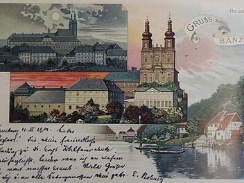 Farblithografie mit Kloster Banz im Mondschein. Die Postkarte wurde 1901 versandt.Repros: ME