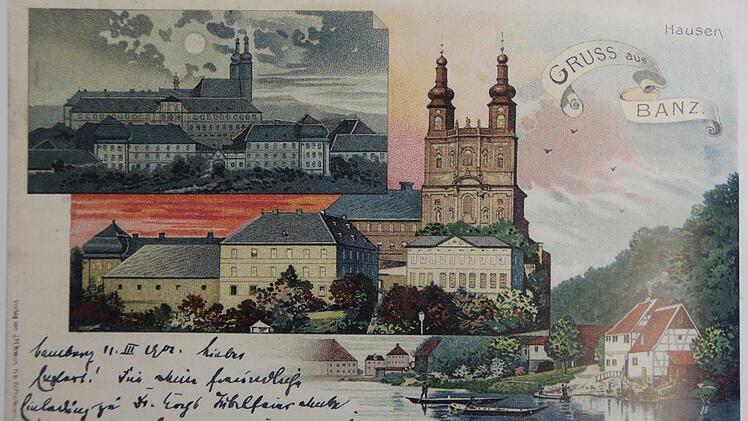 Farblithografie mit Kloster Banz im Mondschein. Die Postkarte wurde 1901 versandt.Repros: ME