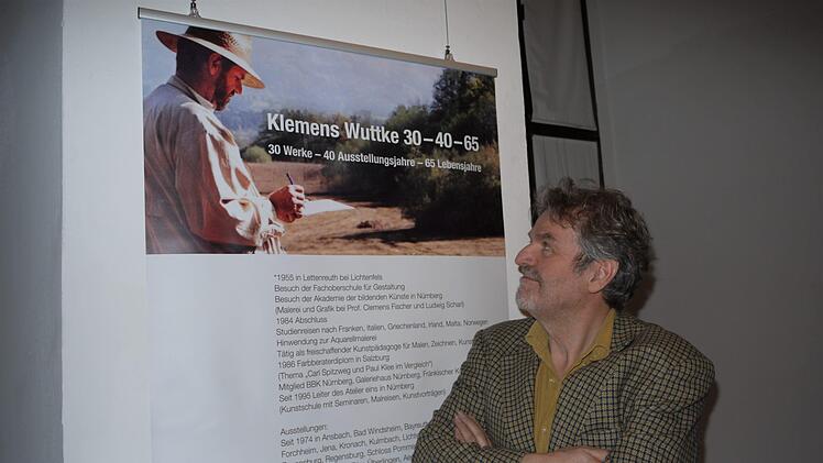 Der Maler Klemens Wuttke vor seiner Pose mit impressionistischen Anklang auf dem Ausstellungsplakat Foto: mw