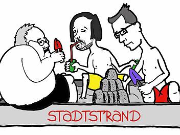 Warum sich streiten, wenn man am neuen Königsstrand auch gemeinsam spielen kann? Die Diskussion um den Stadtstrand an der Kaiserpfalz hat den Forch-Zeichner Simon Michael zu dieser Karikatur mit Bürgermeister Franz Streit (CSU) und den Stadträten Sebastian Körber (FDP) und Uwe Kirschstein (SPD) inspiriert.  Zeichnung: Simon Michael