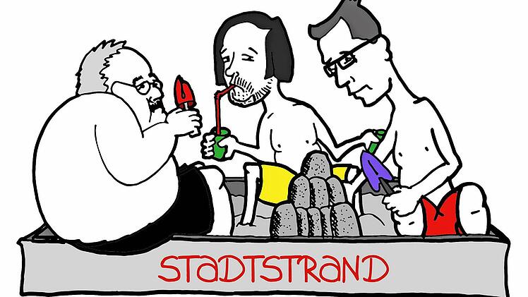 Warum sich streiten, wenn man am neuen Königsstrand auch gemeinsam spielen kann? Die Diskussion um den Stadtstrand an der Kaiserpfalz hat den Forch-Zeichner Simon Michael zu dieser Karikatur mit Bürgermeister Franz Streit (CSU) und den Stadträten Sebastian Körber (FDP) und Uwe Kirschstein (SPD) inspiriert.  Zeichnung: Simon Michael