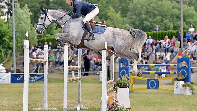 Das gro&szlig;es Springturnier in K&uuml;ps findet vom Mittwoch, vom 22. bis Sonntag, 26. Juni statt. Mit am Start ist auch Lokalmatador Hans-Peter Konle mit seinem Erfolgspferd Cobelix (Bild). Foto: Sabrina Heinz