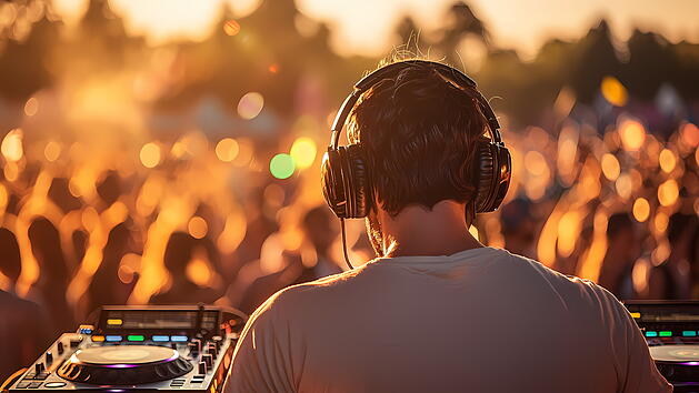 Ein DJ trägt Kopfhörer und steht an einem Mischpult. Im Hintergrund tanzt eine Menge bei Sonnenuntergang. Die Szene ist stimmungsvoll und sommerlich, passend zum "Vine & Vibes" in Bamberg.