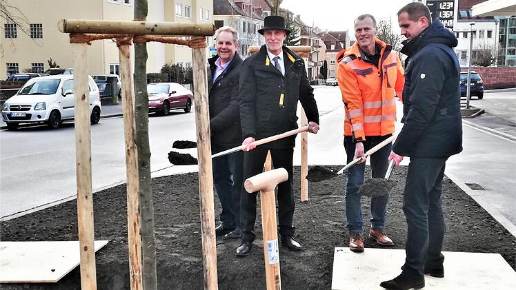 Mit einer Baumpflanzung gaben (von links) Hans-Ulrich Hoßfeld (Ingenieurbüro Hoßfeld & Fischer), Oberbürgermeister Kay Blankenburg, Bauleiter Klaus Gundalach (Burger Bau) und Bauamtsleiter Jan Voll die generalsanierte Erhardstraße bis zum Ostring für den Verkehr frei.