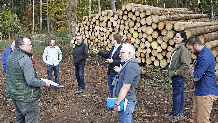 Vor Ort machten sich Stadträte auf Einladung von Bürgermeister Tobias Ehrlicher (4.v.r.) ein Bild vom Schaden, den der Borkenkäfer im Stadtwald angerichtet hat. WBV-Geschäftsführer Manfred Herter (links) und Kämmerer Michael Fischer (3.v.r.) ließen Fakten sprechen.  Foto: Rebhan
