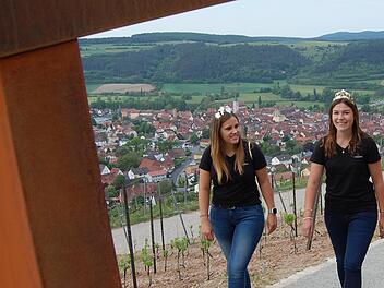 Die fränkische Weinkönigin Carolin Meyer und die Hammelburger Weinprinzessin Louisa Silberbach (links) erkundeten den Terroir-f-Punkt über Hammelburg.