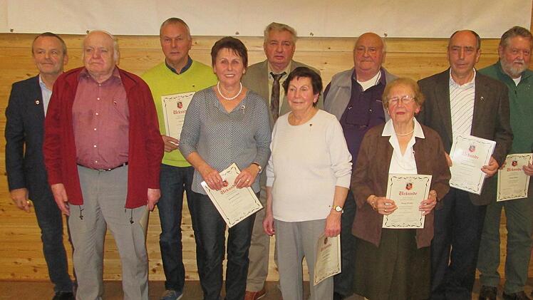 Vorsitzender Roland Volpert (links) zeichnete   Mitglieder, die seit 50 Jahren dabei sind, mit der Goldenen Ehrennadel aus (weiter von links): Manfred Heiser, Alois Bayer, Rosemarie Stöth, Helene Rohner, Adam Ruck, Marga Pfeuffer, Herbert Stockmann und Reiner Oberth. Winfried Ehling
