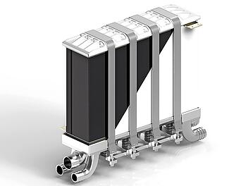 Zu Stacks geschichtete metallische Bipolarplatten bilden den Kern eines Brennstoffzellensystems.