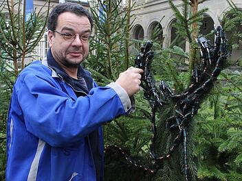 Elektriker Achim Kaidel kümmert sich um die Weihnachtsbeleuchtung des Staatsbads und überprüft jede einzelne Glühbirne.  Foto: Sabine Herteux