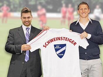 Das wär's natürlich: Bastian Schweinsteiger im Trikot des SV Bergdorf-Höhn. Für Spielertrainer Dominik Walter (links) ein Traum. Foto: DFL Deutsche Fußball Liga GmbH / Collage: Dagmar Klumb