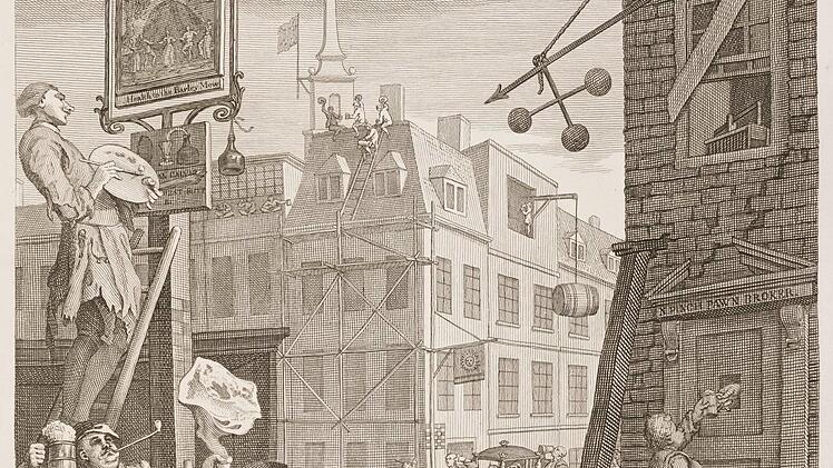 Der englische Zeichner William Hogarth (1697 - 1764) warb 1751 mit seinem Blatt "Beer Street" für die Vorzüge des Biers. Der Göttinger Naturwissenschaftler und Philosoph Georg Christoph Lichtenberg (1742 - 1799) kommentierte die Grafik so: "Hier ist alles Munterkeit, Kraft und Wohlbehagen." Repro: Archiv Dippold