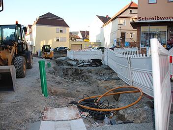 Die Bauarbeiten in der Bahnhofstraße sind mittlerweile an der Einmündung Dalbergstraße angekommen. Umso dringender muss eine Entscheidung über den Brunnen und die Gestaltung des Parkplatzes in der Wankelstraße getroffen werden.