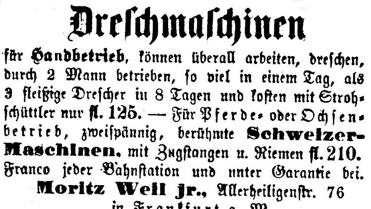 Anzeigen aus dem Amtsblatt von 1869 zeigen, wie man damals gelebt hat: Miete einer handbetriebenen Dreschmaschine Repro: Reinhard Löwisch