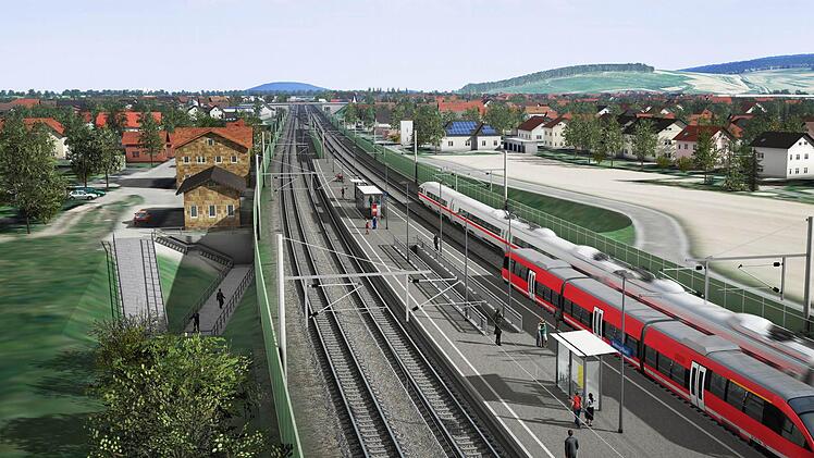 So wie hier in Breitengüßbach sollen meterhohe Lärmschutzwände viele Ortschaften teilen. Computersimulation: Deutsche Bahn
