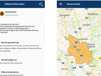 Screenshot der App mit Beispiel eines Bombenfunds in Köln. ZRF