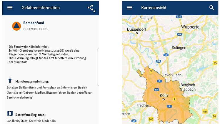 Screenshot der App mit Beispiel eines Bombenfunds in Köln. ZRF